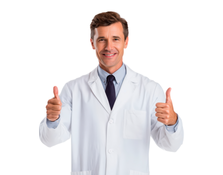 Male doctor in white coat giving thumbs up gesture on transparent background