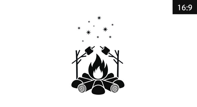 Stylized bonfire scene with roasting marshmallows under a starry night sky design