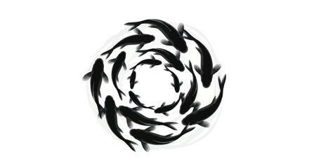 A circular formation of stylized black fish swimming elegantly against a plain backdrop portraying