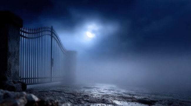Ornate wrought iron gate standing in thick, heavy fog under a glowing moon at night, creating an eerie, mysterious atmosphere