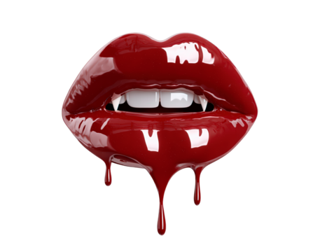 Glossy red lips with vampire fangs and dripping blood on transparent background