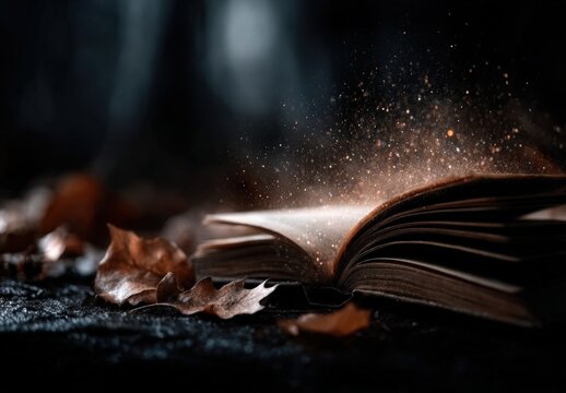 Open book laying on the ground in a dark, mysterious forest with glowing particles emitting from its pages