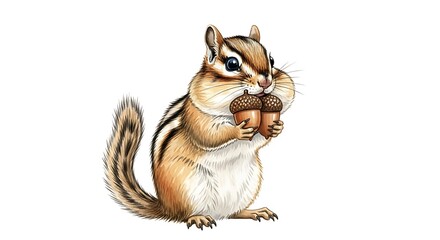 Adorable Chipmunk Holding Acorns Wildlife Illustration with Cartoon Style on White.