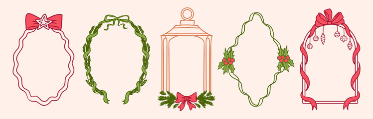 Christmas whimsical frames with ribbon bows, ornaments, holly, lantern and christmas tree branches, scrapbooking vector design