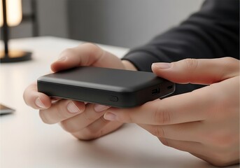 Person holding a minimalist black power bank in their hands indoors for device charging requirements or portable power