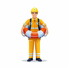 A rescue worker carries a life ring, offering assistance. Clear, bright illustration. Ideal for safety and emergency themes.
