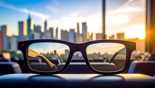 Fototapeta Cityscape Through Glasses Vision of Urban Future with Sunlit Skyline Reflection.