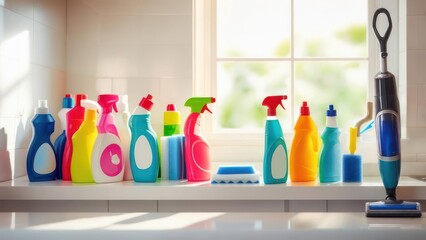Brighten your home with a vibrant collection of cleaning supplies and a sleek vacuum, ready for a sparkling fresh start.