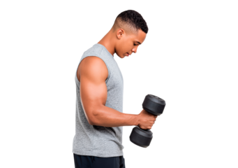 Man lifting dumbbell in strength training workout on transparent background