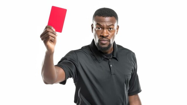 A stern referee showing a red card during a soccer game on a white backdrop.