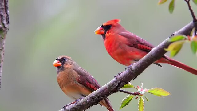 Vibrant male and subtle female Northern Cardinals, a striking pair, perched together on a leafy branch, symbolizing harmony in nature's colorful display