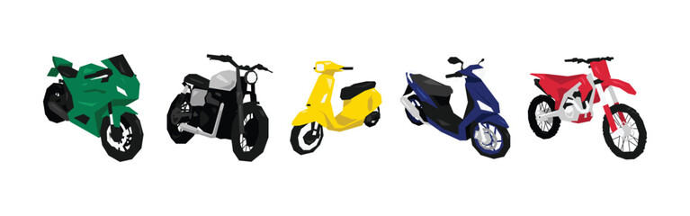 Flat vector set of colorful motorcycles. Sport bike, classic, scooter, and motocross. Vector geometric illustration.