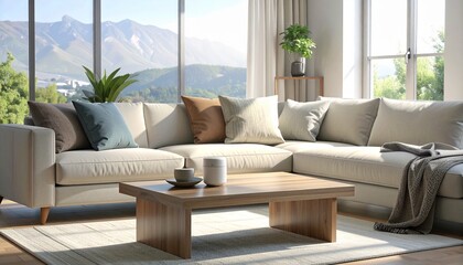 Spacious modern living room with a comfortable sofa and a stunning mountain view through a large window, embodying a serene and eco-conscious lifestyle