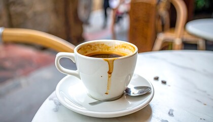 Empty coffee cup on a table, dripped coffee