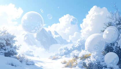 Snowy mountain landscape with floating bubbles
