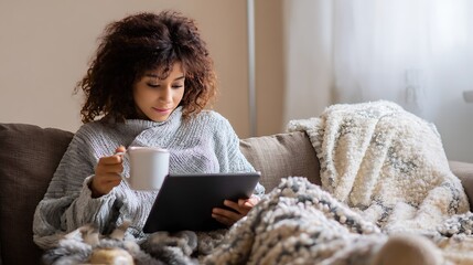 Woman drinking coffee and scrolling through Cyber Monday offers on tablet. Relaxed lifestyle and cozy shopping moment indoors