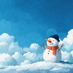 Cheerful snowman enjoys a bright winter day in a serene snowy landscape