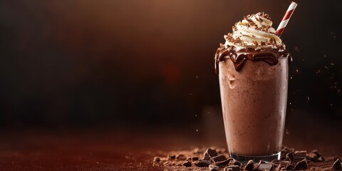 Indulgent chocolate milkshake topped with whipped cream and chocolate shavings on a rustic wooden table at a cozy café