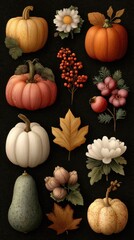 Collection of seasonal pumpkins and autumn flowers arranged on a dark background highlighting fall colors and natural textures