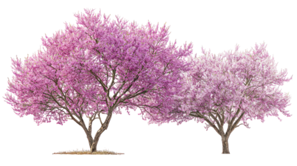 Two blooming trees with delicate pink blossoms against a black background