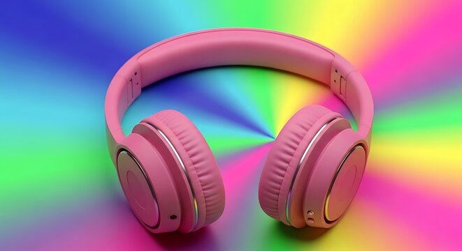 Vibrant melody: Stylish pink headphones amidst an explosion of radiant rainbow hues