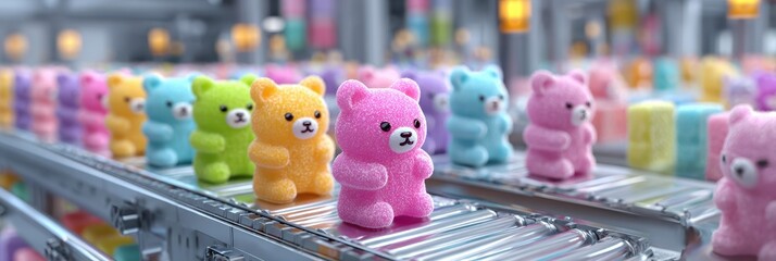 Colorful gummy bears move along a production line in a candy factory during a busy manufacturing process