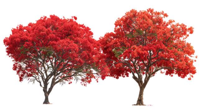 Two vibrant autumn trees with red and orange foliage