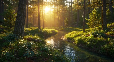 Obraz premium Tranquil forest scene with stream sunlight streaming through trees