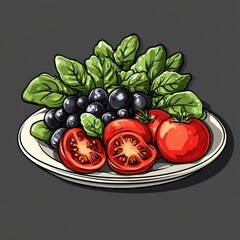 Freshly harvested tomatoes, spinach, and grapes arranged on a white plate ready for a healthy meal