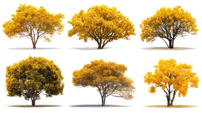 Collection of six vibrant yellow autumn trees on black background - Powered by Adobe