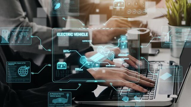 Technical layout of electric vehicle showing battery system, power control, traction motor, charging interface, and integration with renewable and smart energy sources Marrow