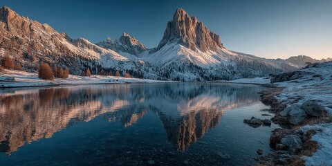 Snow-covered mountains reflect in peaceful lake at dawn in the Dolomites, showcasing nature's beauty in winter light