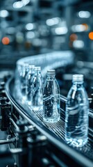 Water bottles moving along a production line in a factory during the day