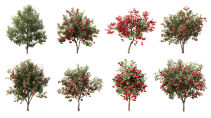 Collection of eight diverse green and red leafy trees on black background