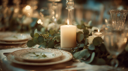 Elegant weekday wedding table setting with soft candlelight and lush greenery, beautifully arranged, serene and sophisticated atmosphere