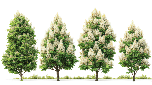 Row of miniature trees with white flowers against a black background