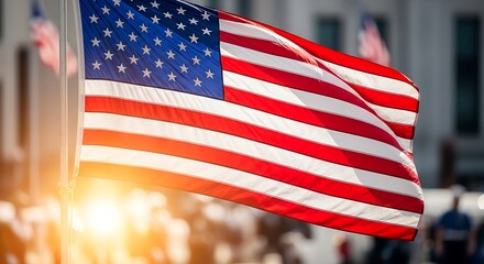 American Flag Waving in Sunlight with Patriotic Symbol of Independence  Freedom.