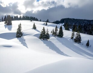 Snowy mountain landscape with pine trees