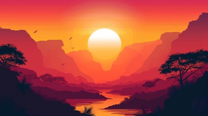 Sunset over symbolic indigenous landscape, glowing warm colors, nature, mountains and river silhouette, minimal style.