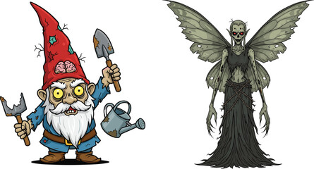 Zombie garden gnome with tools and watering can, creepy dark fairy with wings, spooky Halloween fantasy horror monster character illustration