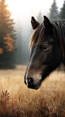 Majestic horse portrait in a serene autumn landscape at dawn