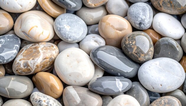 Close-up view of a variety of smooth, rounded stones in muted tones of beige, gray, and white, showcasing intricate patterns and textures.