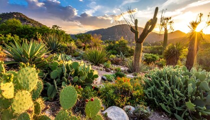 Stunning desert sunset over a vibrant cactus garden