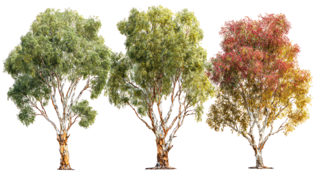 Three trees displaying seasonal color changes against a black background