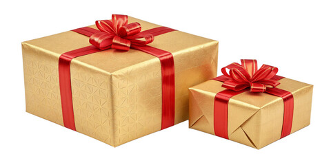 Obraz premium Golden Gift Boxes with Red Satin Ribbons on Transparent Background Elegant Wrapped Presents – Shiny Gold Boxes with Red Bows Isolated