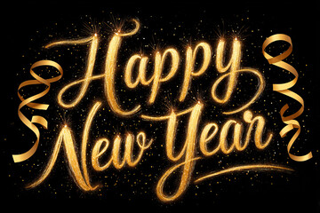 Festive Happy New Year Typography with Golden Glow and Fireworks on Transparent Background