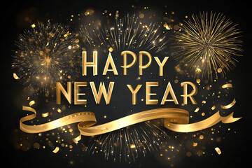 Festive Happy New Year Typography with Golden Glow and Fireworks on Transparent Background