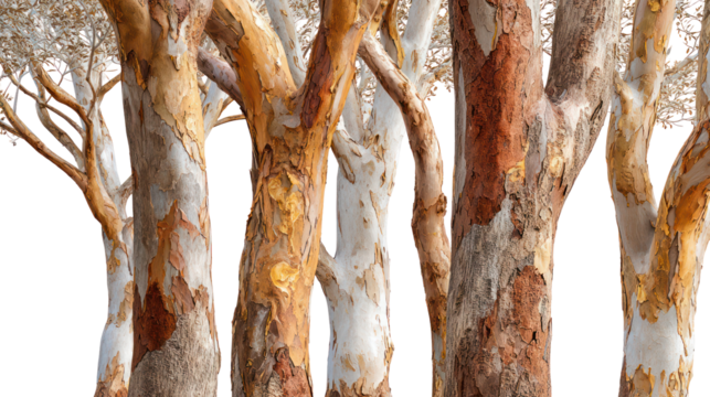 Close up of textured tree trunks with striking bark patterns