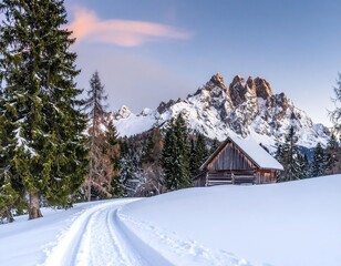 Snowy mountain landscape with rustic cabin