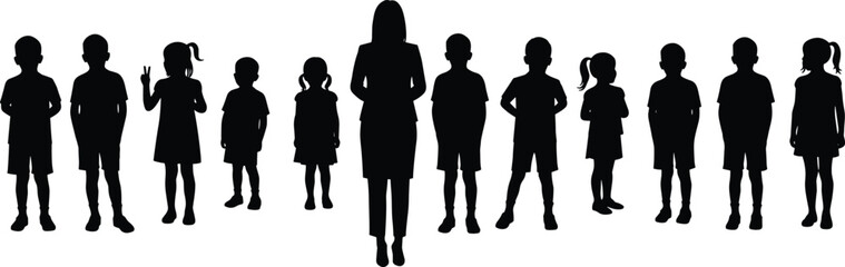 Children and teacher silhouettes, group formation, black icons, white background, school scene, education concept, unity, leadership, classroom, students